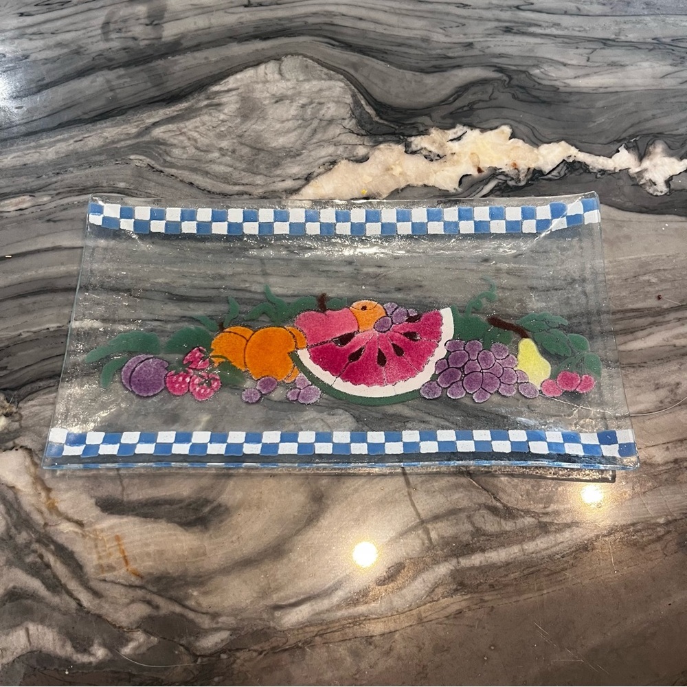 Kelleher Fused Glass Fruit Pattern 11" Rectangular Serving Platter Art Glass